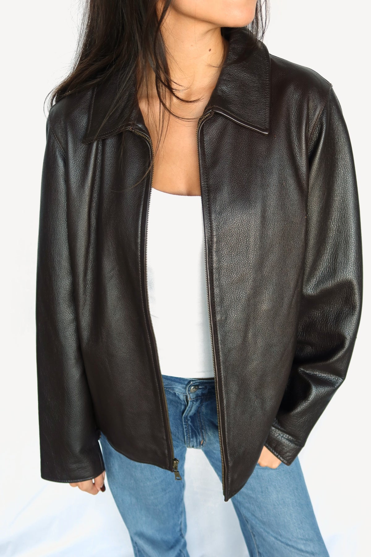 Dark brown pebbled leather jacket, view 2