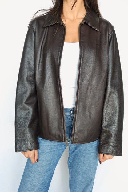 Dark brown pebbled leather jacket, view 3