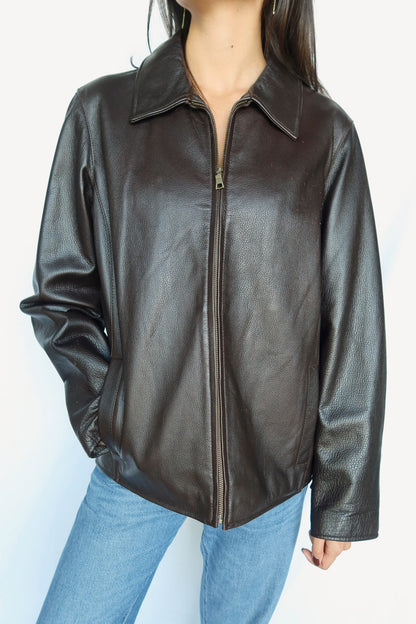 Dark brown pebbled leather jacket, view 4