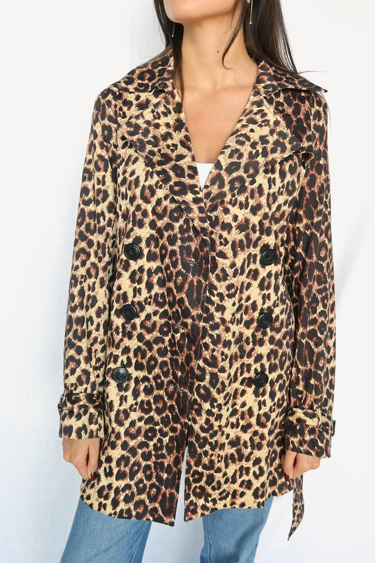 Leopard print belted trench jacket, front view