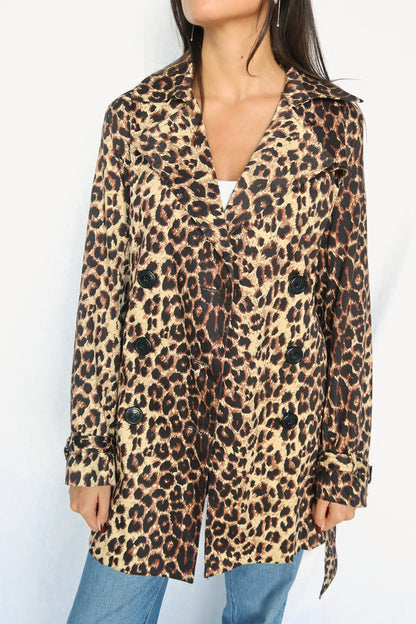 Leopard print belted trench jacket, front view