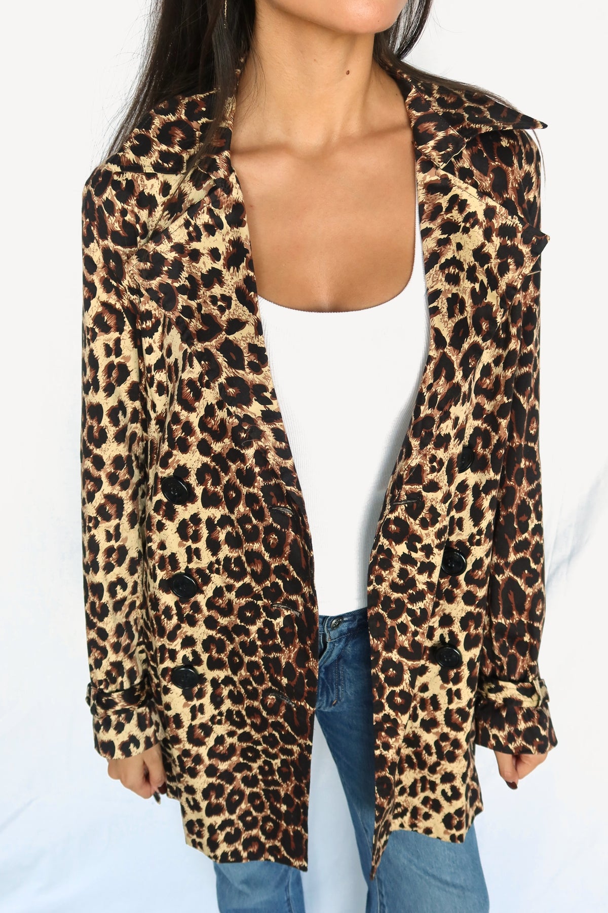Leopard print belted trench jacket, view 3