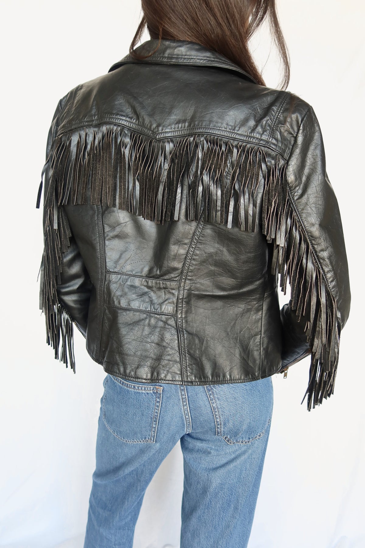 Black leather fringe jacket, view 3