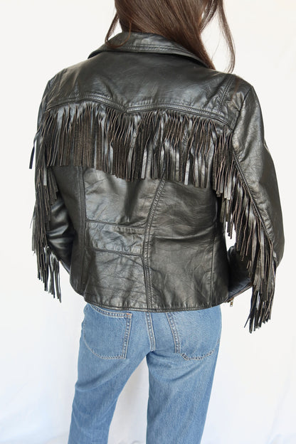 Black leather fringe jacket, view 3