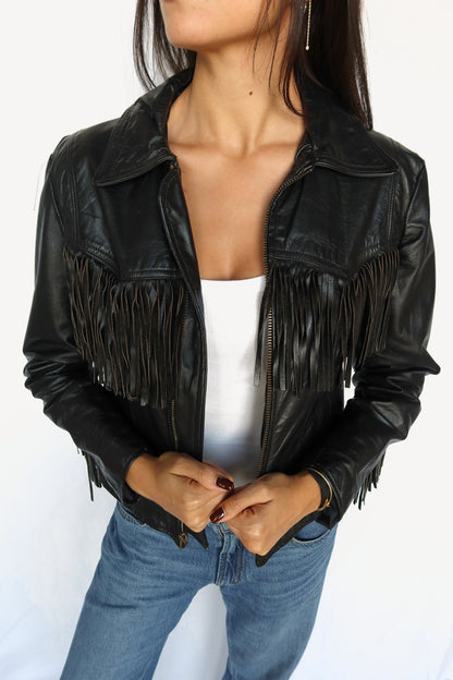 Black leather fringe jacket, view 4