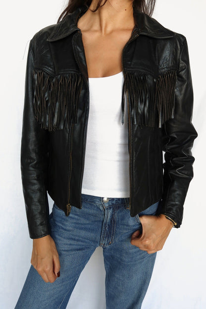 Black leather fringe jacket, view 5