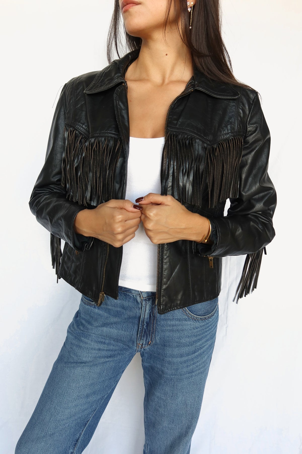 Black leather fringe jacket, view 6