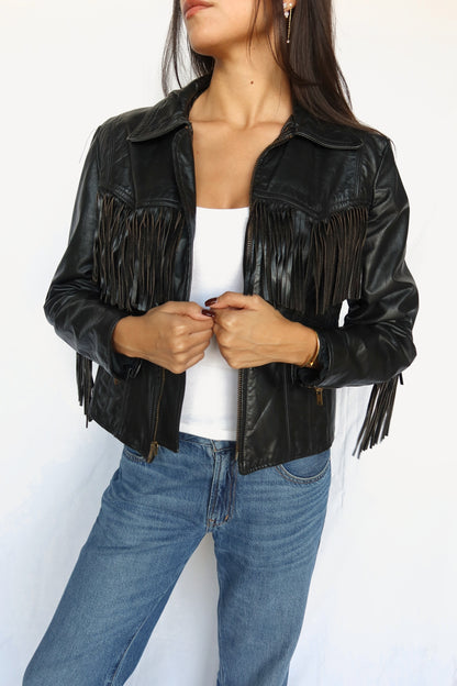 Black leather fringe jacket, view 6