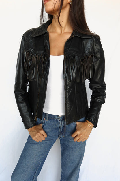 Black leather fringe jacket, view 7