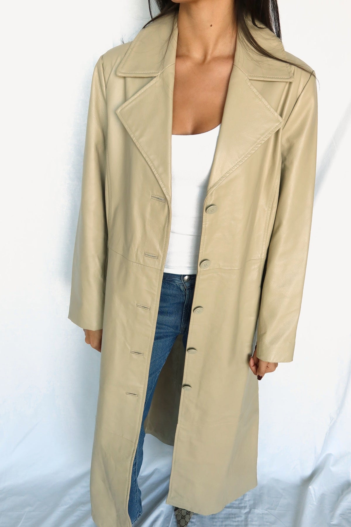 Khaki leather maxi coat, front view