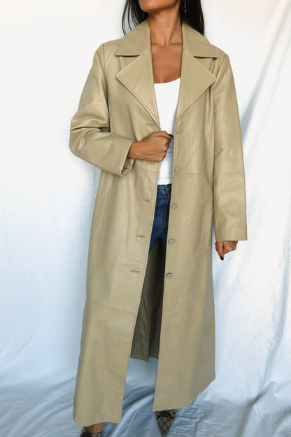 Khaki leather maxi coat, view 2