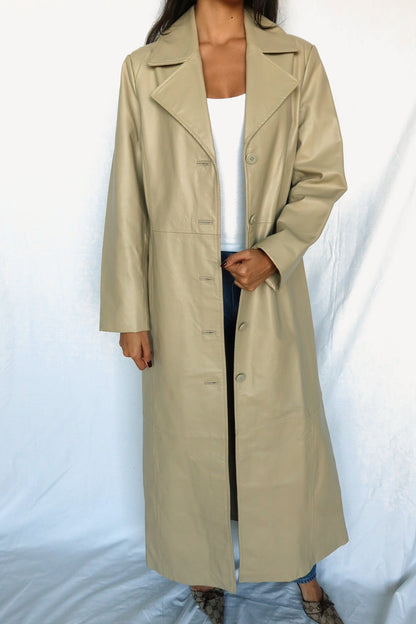 Khaki leather maxi coat, view 4
