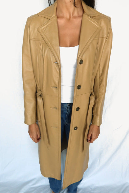 Caramel leather trench coat with tie belt, front view