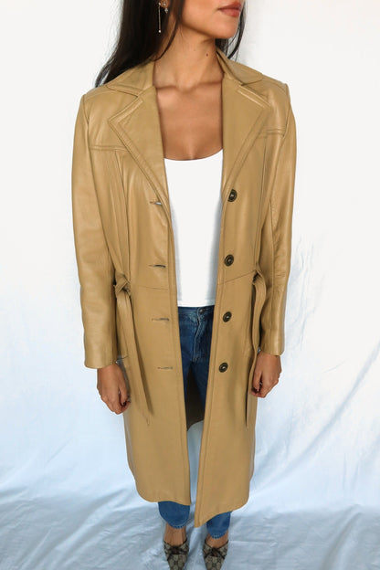 Caramel leather trench coat with tie belt, view 2