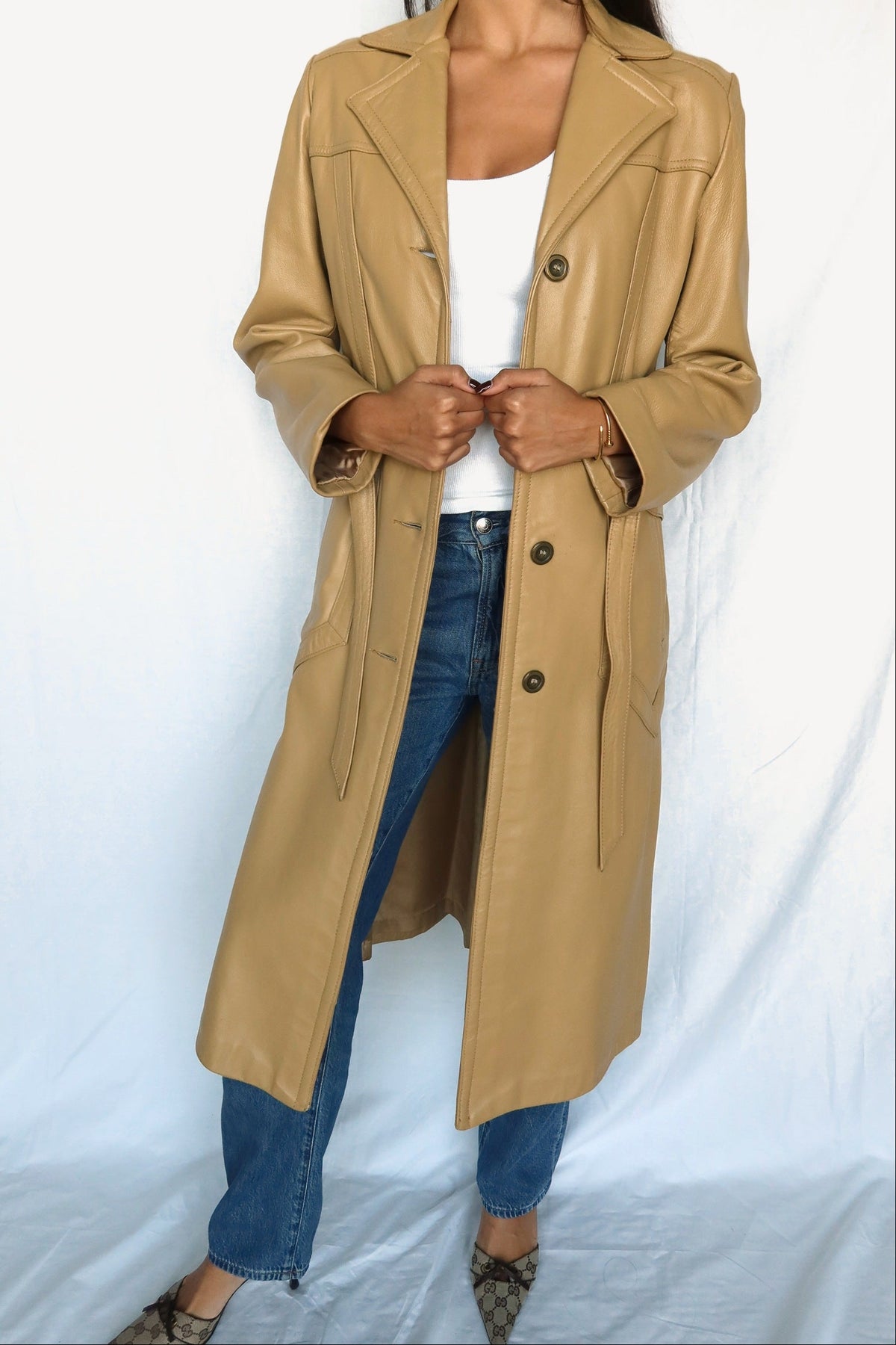 Caramel leather trench coat with tie belt, view 3