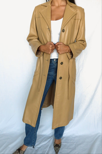 Caramel leather trench coat with tie belt, view 3