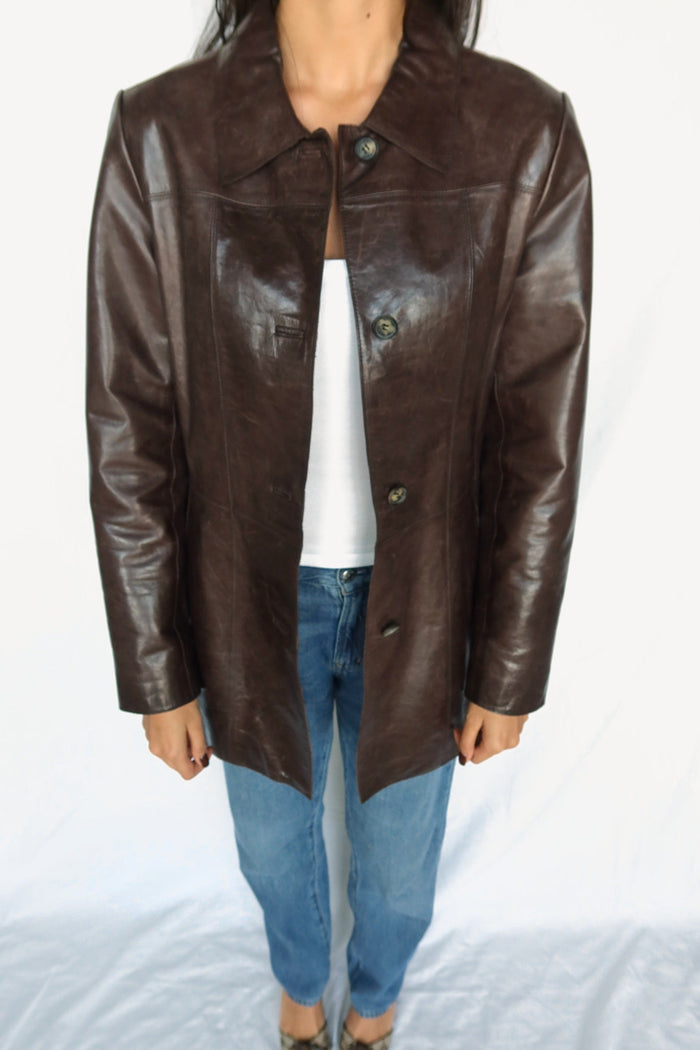 Vintage Glossy Brown Leather Jacket