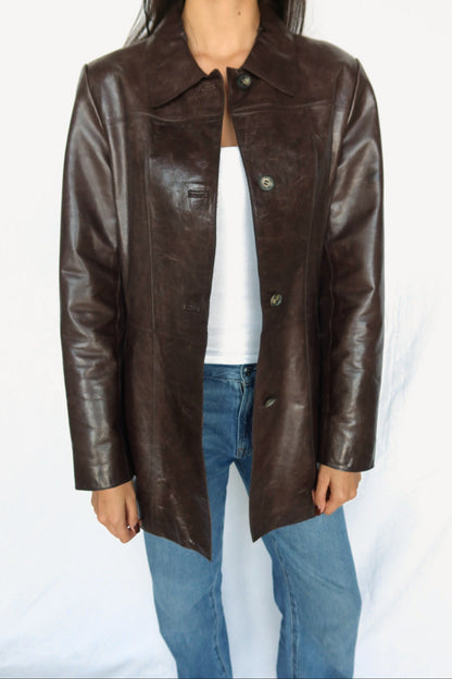 Glossy brown leather jacket, view 2