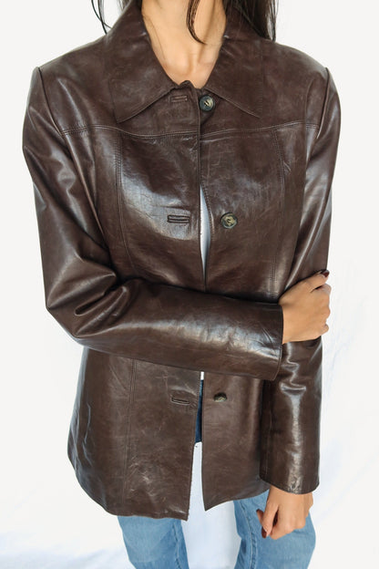 Glossy brown leather jacket, view 3