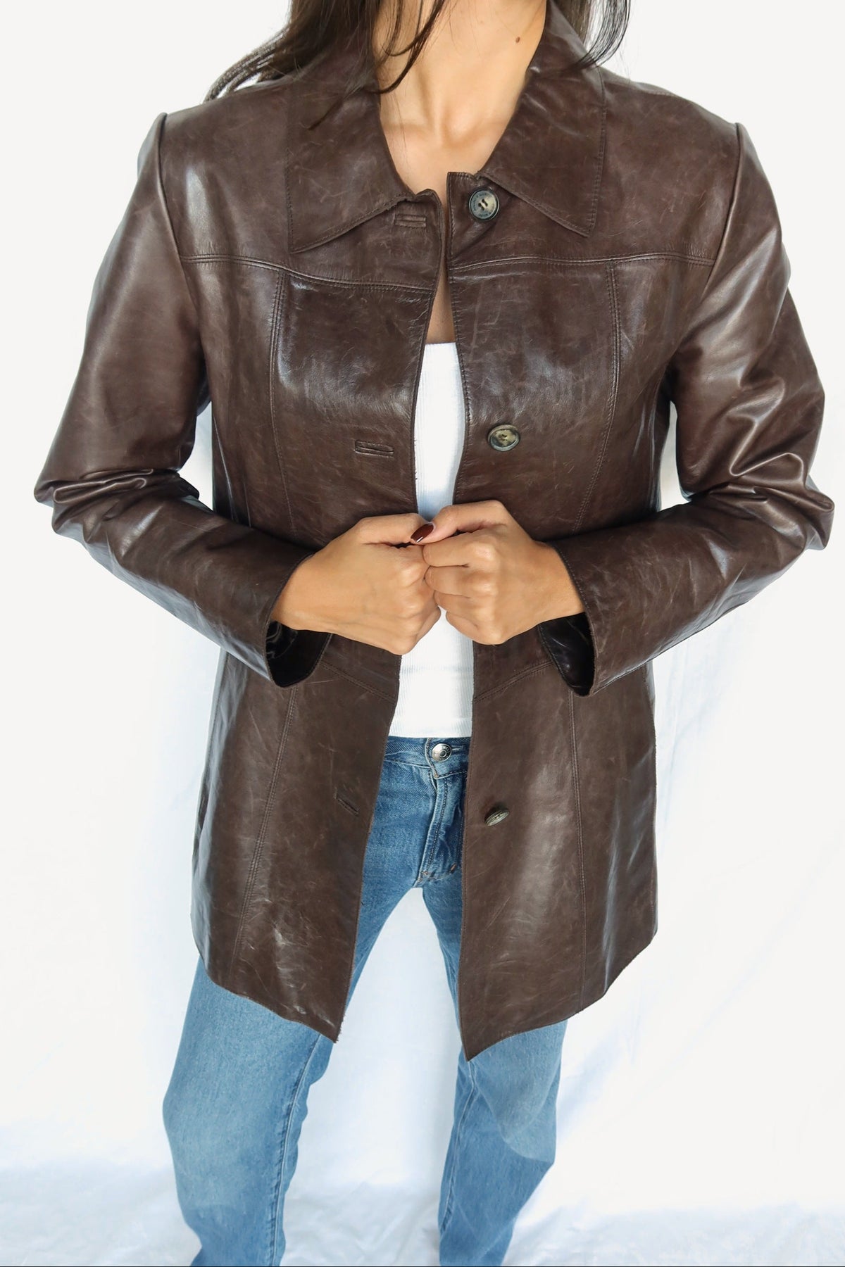 Glossy brown leather jacket, view 4