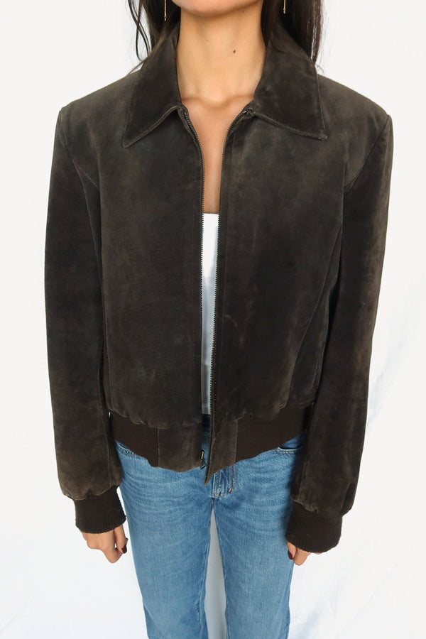 Espresso suede bomber jacket, front view