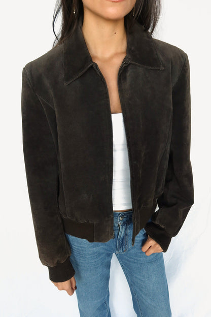 Espresso suede bomber jacket, view 2