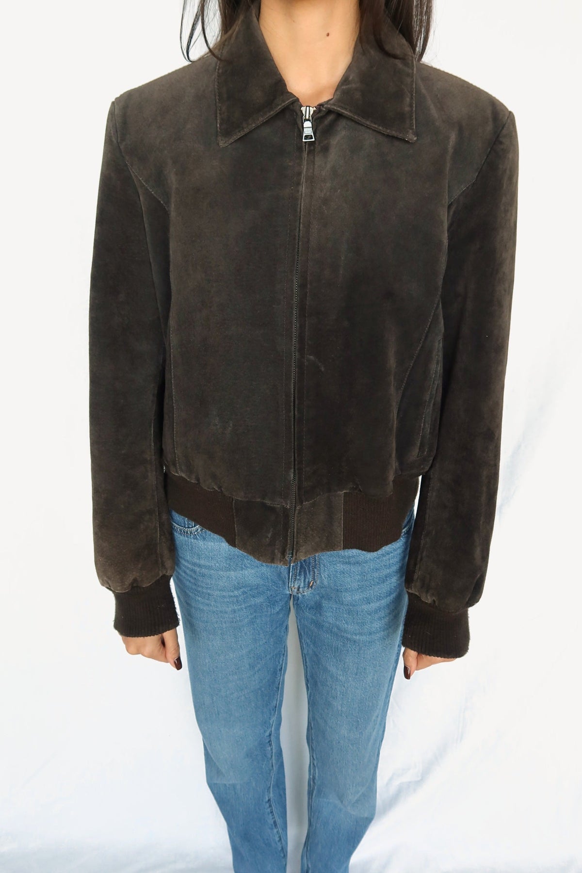 Espresso suede bomber jacket, view 3