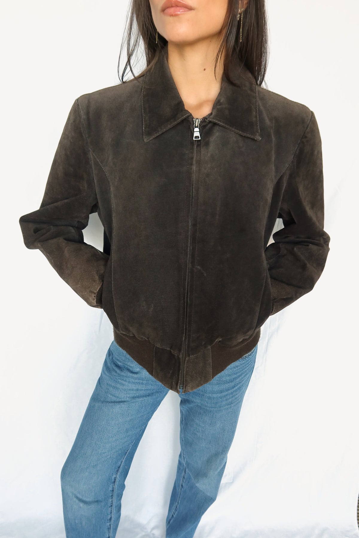 Espresso suede bomber jacket, view 4