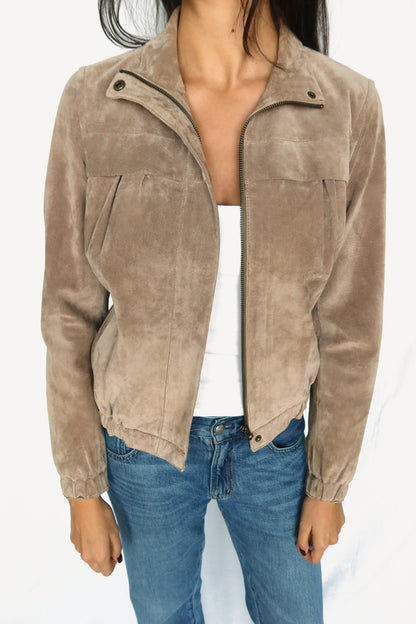 Taupe suede bomber jacket, front view