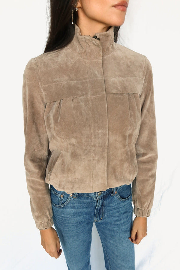 Taupe suede bomber jacket, view 2