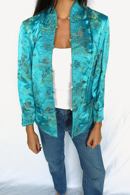 Turquoise satin mandarin jacket, front view