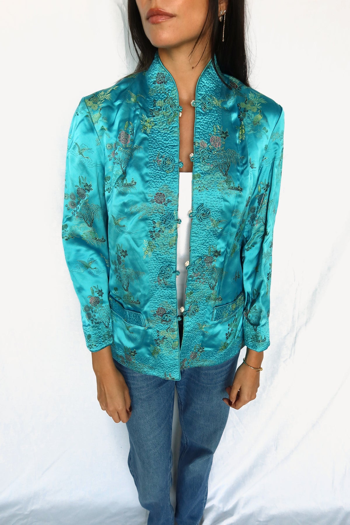 Turquoise satin mandarin jacket, view 2