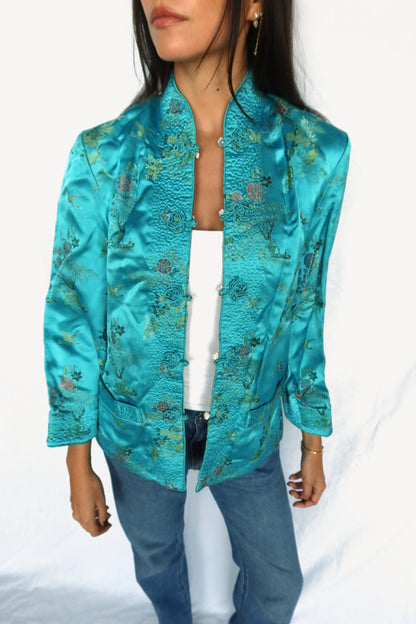 Turquoise satin mandarin jacket, view 4