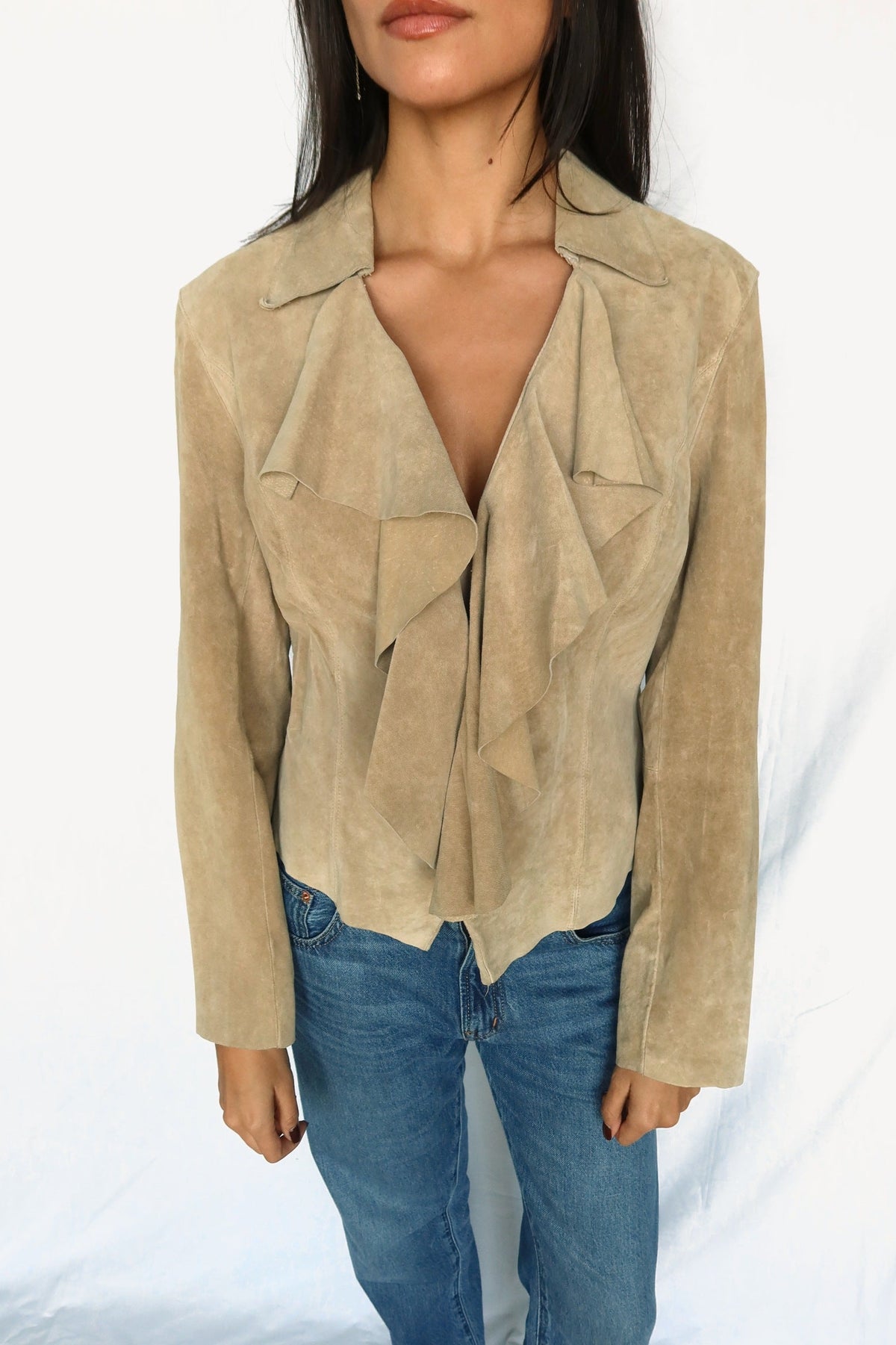Camel suede ruffle front jacket, front view