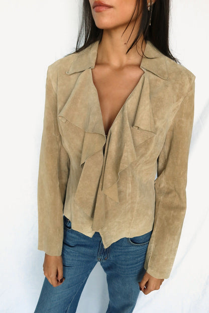 Camel suede ruffle front jacket, view 2