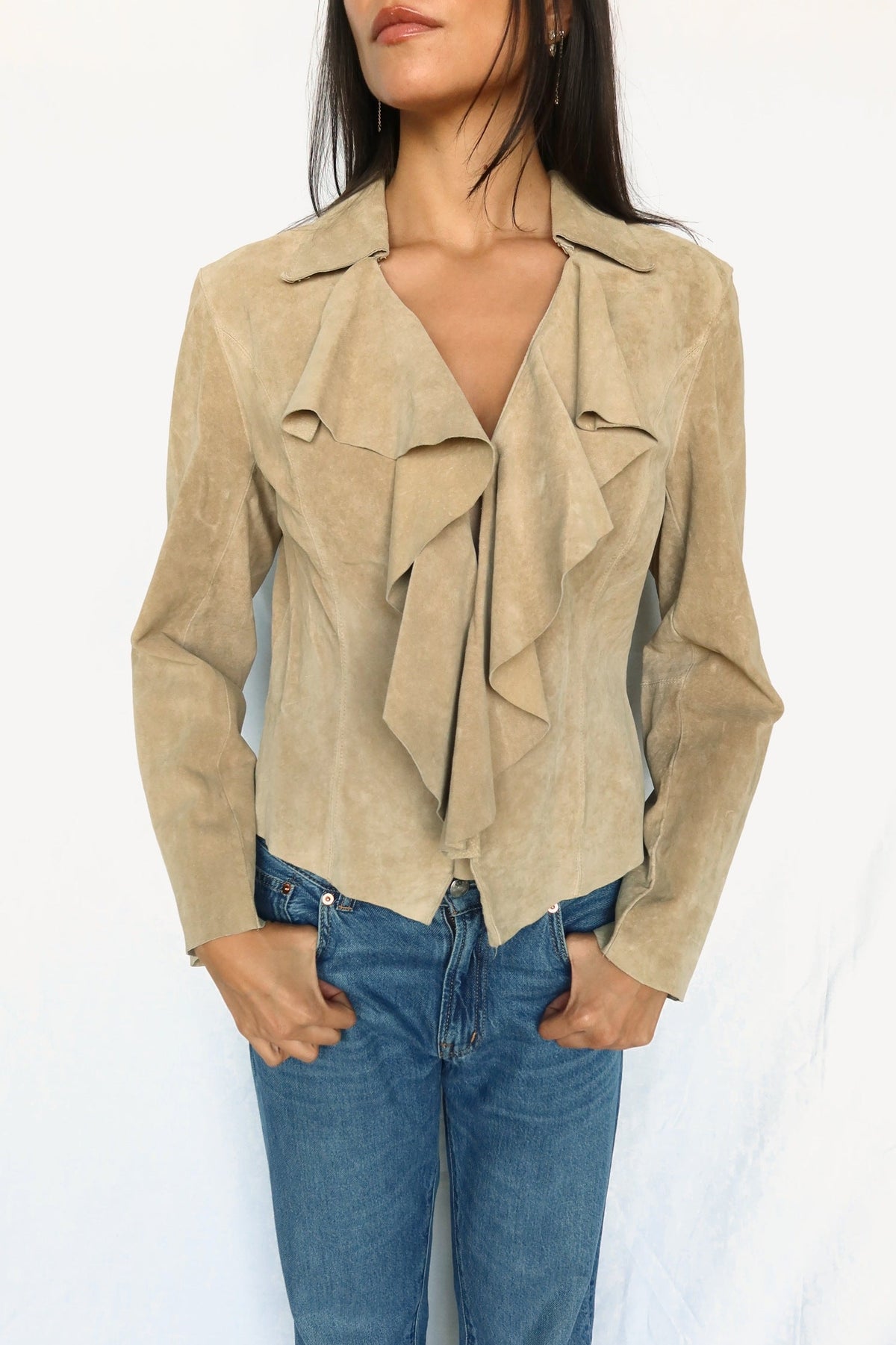Camel suede ruffle front jacket, view 4