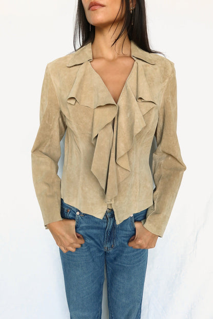 Camel suede ruffle front jacket, view 4