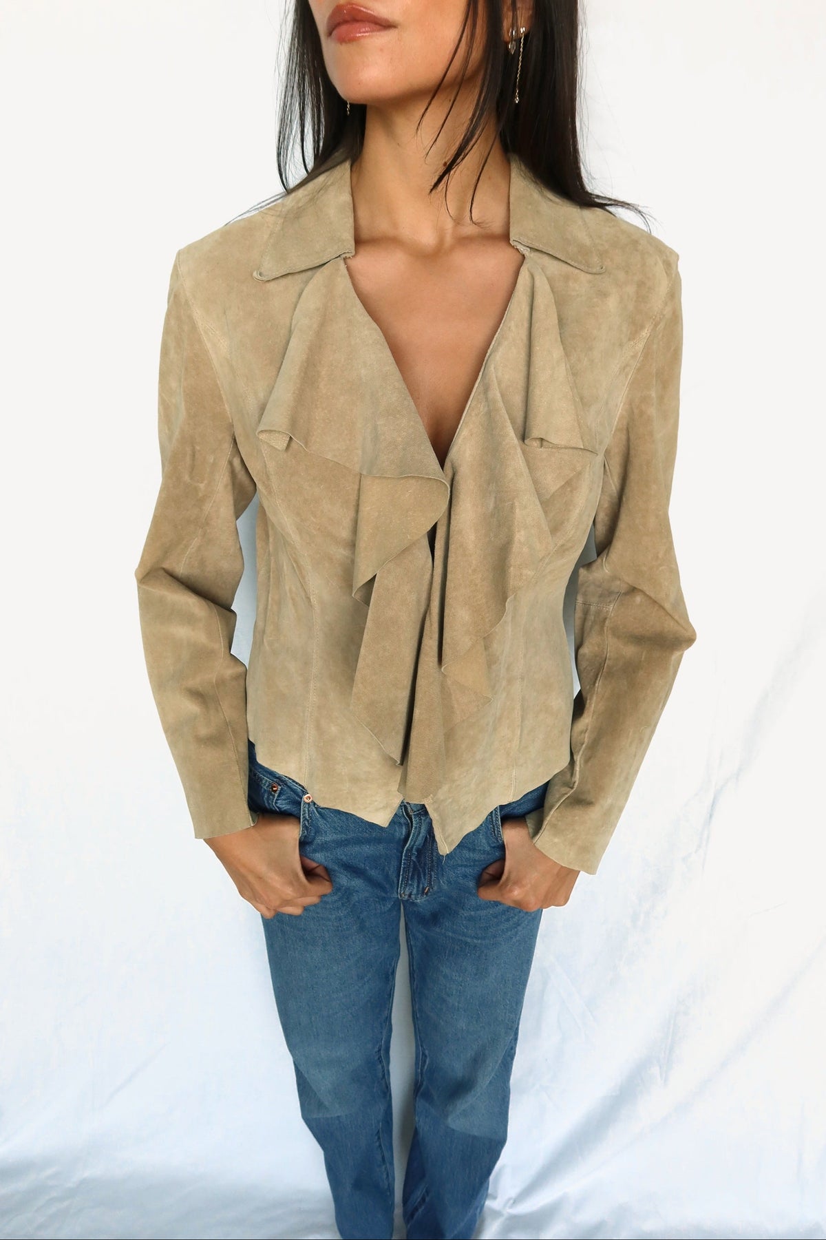 Camel suede ruffle front jacket, view 5
