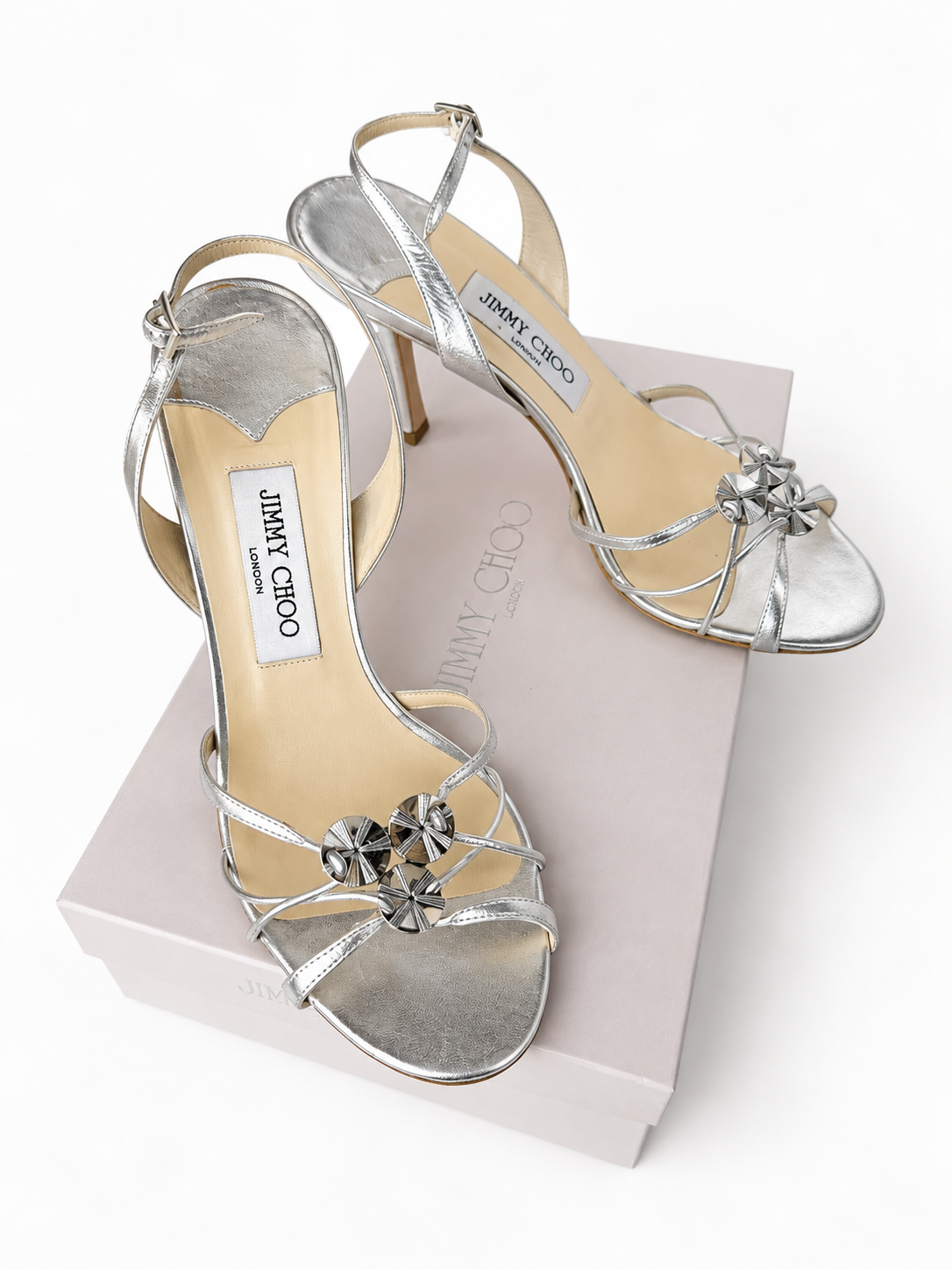 Silver Metallic Leather Disc Strap Slingback Sandal