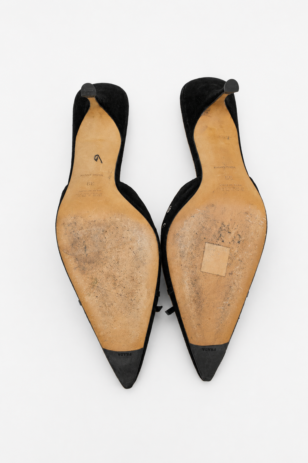 Prada — Vintage Black Suede Studded Grommet Kitten Heel Mule