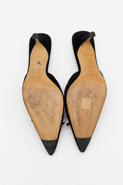 Prada — Vintage Black Suede Studded Grommet Kitten Heel Mule