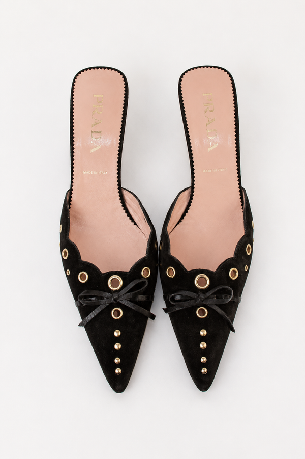 Prada — Vintage Black Suede Studded Grommet Kitten Heel