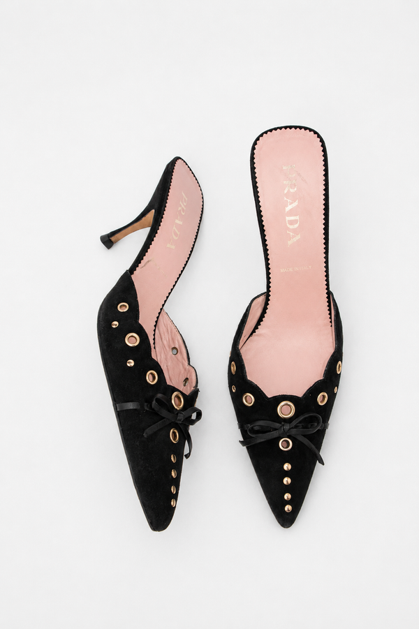Prada — Vintage Black Suede Studded Grommet Kitten Heel
