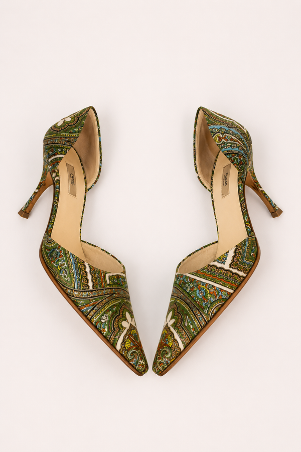 Prada — Vintage Multicolor Paisley Silk Pointed-Toe Pump