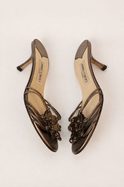 Jimmy Choo — Vintage Gunmetal Silver Flower Kitten Heel