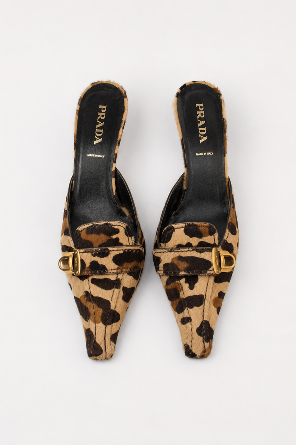 Prada — Vintage Leopard Print Pony Hair Kitten Heel Mule