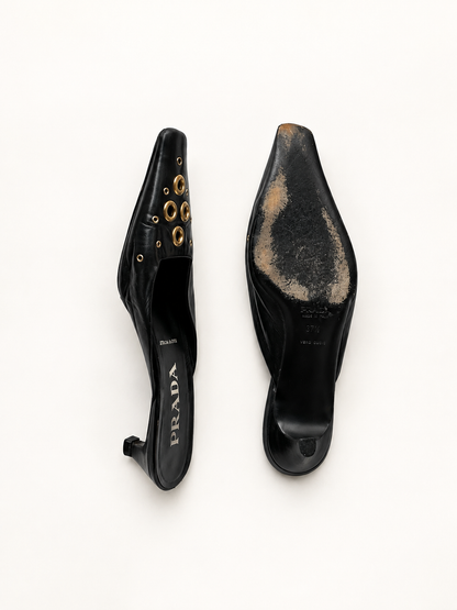Prada — Vintage Black Leather Grommet Kitten Heel Mule