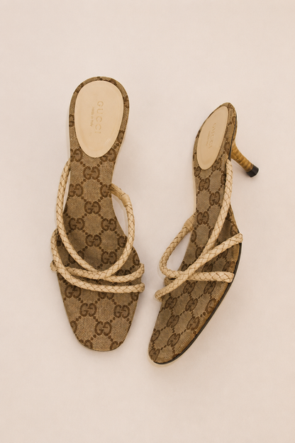 Gucci by Tom Ford — GG Monogram Canvas Braided Leather Strap Kitten Heel Sandal